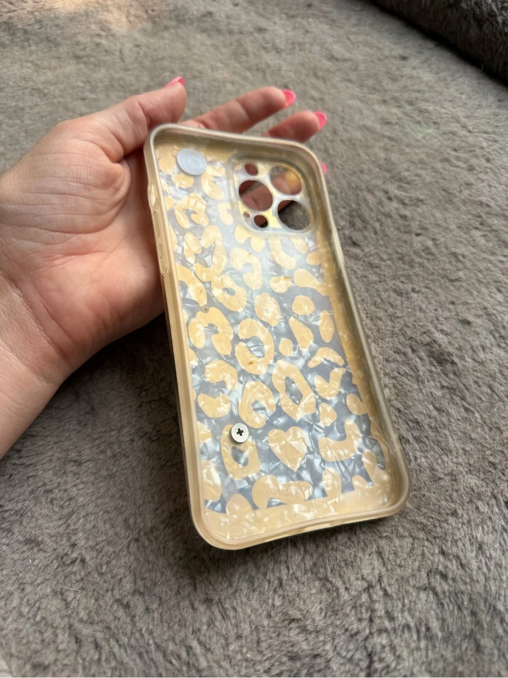 iPhone 13 Pro Max Gold Accent Clear Leopard Phone Case with Hand Strap